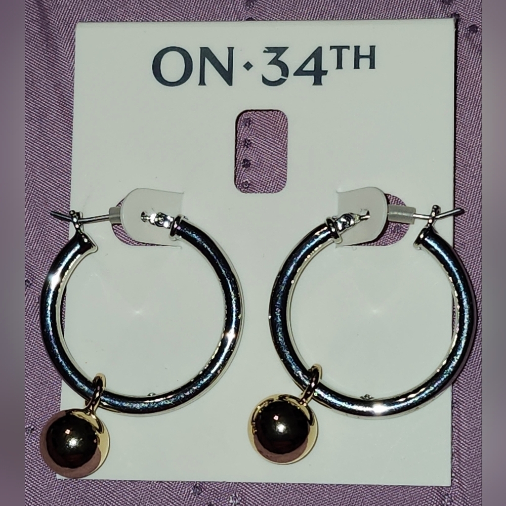 On 34th Two-Tone Ball Charm Hoop Earrings,